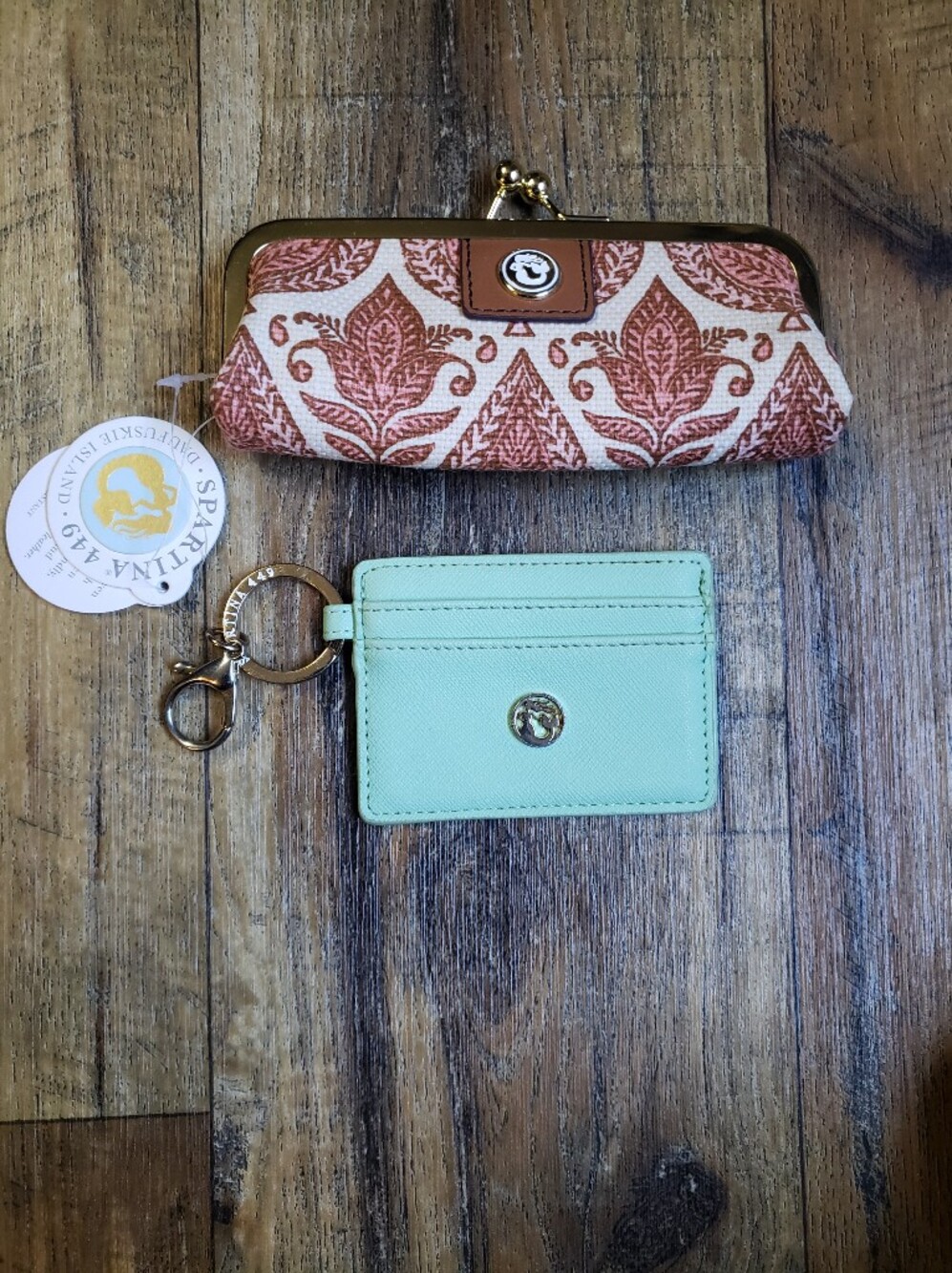 Spartina 449 Mint Card Holder Keyring with Rust Floral Kisslock Coin Purse
